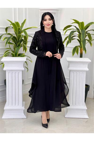 Payetli Abaya Takım 3312 Siyah