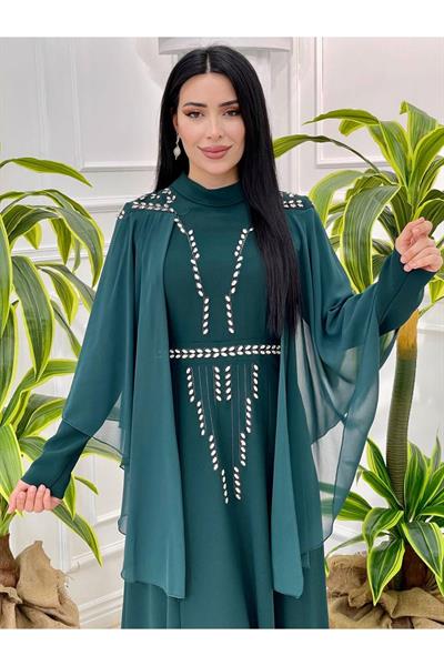 Pelerin Damla Taş Elbise 3783 Yeşil
