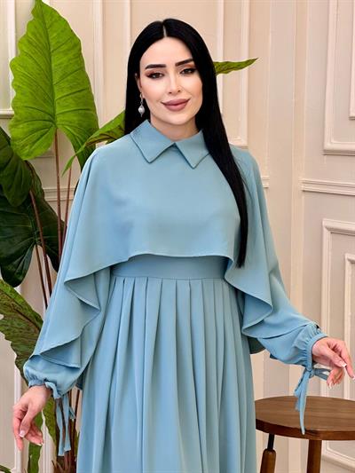 Pelerinli Pilise Elbise 3079 e025 Mint yeşili