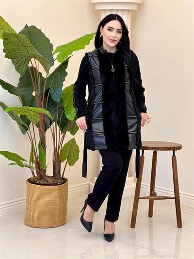 Peluş Taşlı Üçlü Takım 25114 T-25 Siyah