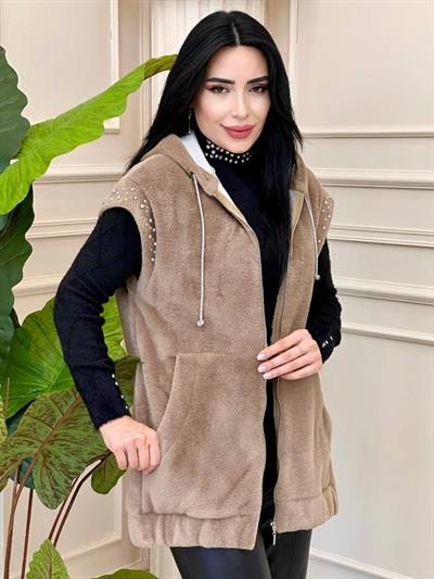 Peluş Taşlı Yelek 30955 t-24 Vizon