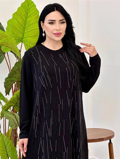 Penye Anne Elbise Çizgi Taşlı 9065 T-25 Siyah