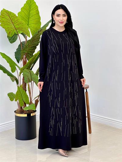 Penye Anne Elbise Çizgi Taşlı 9065 T-25 Siyah