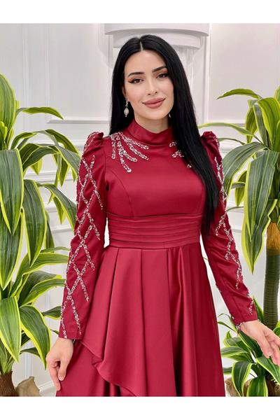Pile Detay Taşlı Abiye 4169 Bordo