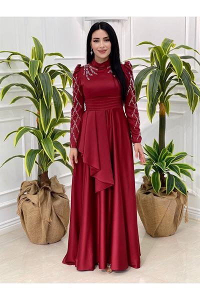 Pile Detay Taşlı Abiye 4169 Bordo