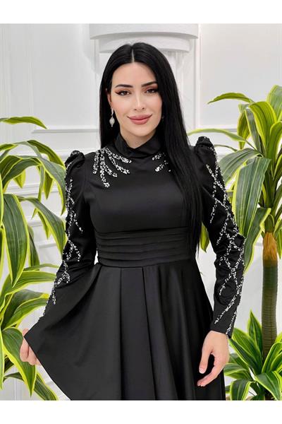 Pile Detay Taşlı Abiye 4169 Siyah