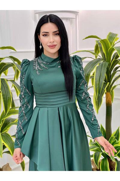 Pile Detay Taşlı Abiye 4169 Zümrüt Yeşil