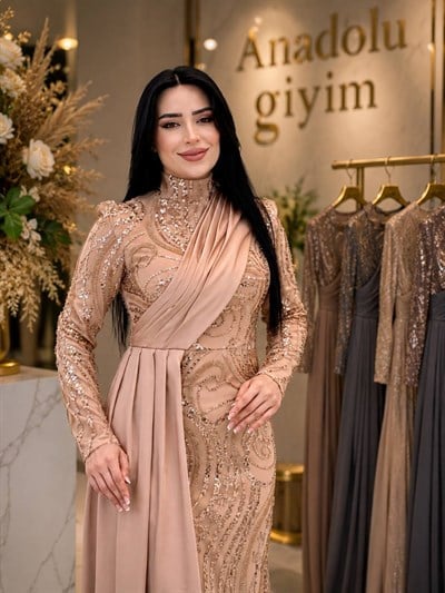 Pile Saten Detay İşlemeli Abiye 4666 T-26 Somon