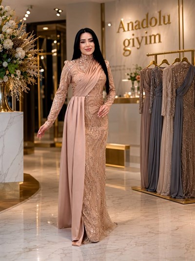Pile Saten Detay İşlemeli Abiye 4666 T-26 Somon