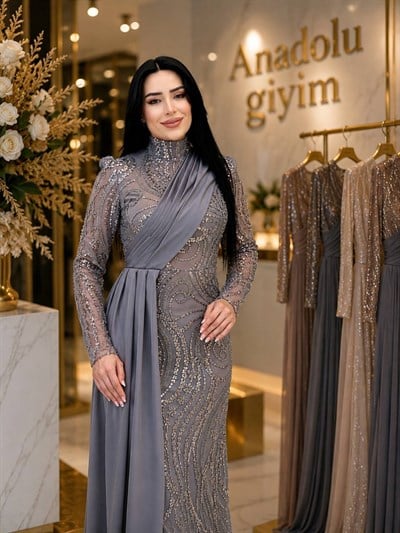 Pile Saten Detay İşlemeli Abiye 4666 T-26 Gri