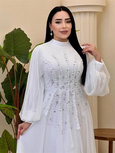 Pilise Balon Kol Tül Elbise 5315 T-25 Beyaz