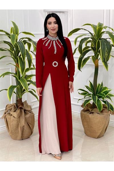 Pilise Detay Taşlı Krep Elbise 3799 Kırmızı