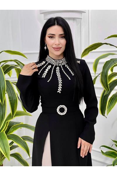 Pilise Detay Taşlı Krep Elbise 3799 Siyah