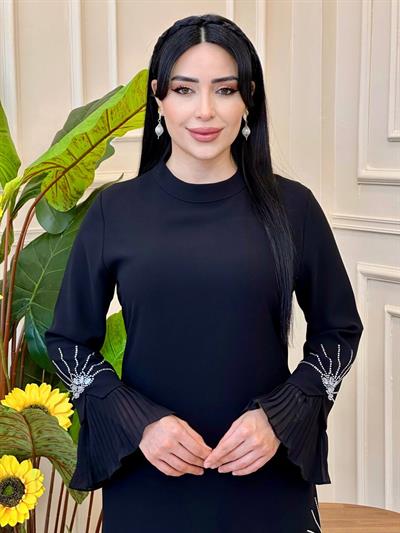 Pilise Detay Taşlı Krep Elbise 5406  E-25 Siyah