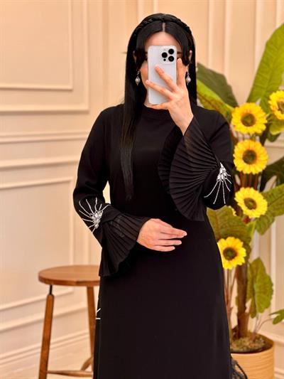 Pilise Detay Taşlı Krep Elbise 5406  E-25 Siyah