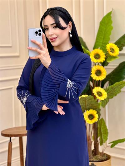 Pilise Detay Taşlı Krep Elbise 5406  E-25 Lacivert