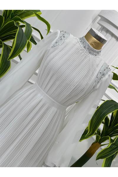 Pilise Taşlı Jan Jan Elbise 4060 Beyaz