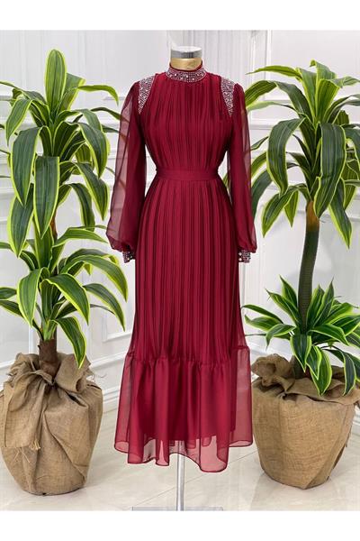 Pilise Taşlı Jan Jan Elbise 4060 Bordo