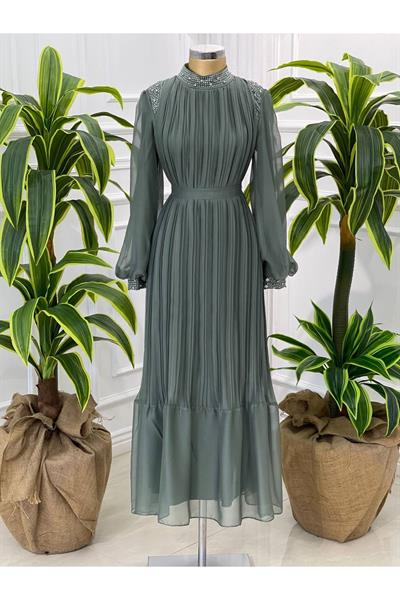 Pilise Taşlı Jan Jan Elbise 4060 Mint yeşili