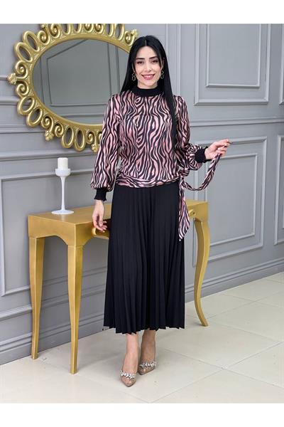 Piliseli Desenli Etekli Takım 1153 Pudra Zebra