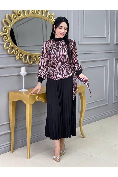 Piliseli Desenli Etekli Takım 1153 Pudra Zebra