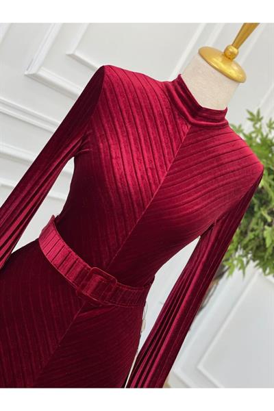Piliseli Kemerli Kadife Elbise 3708 Bordo