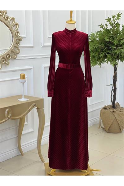 Piliseli Kemerli Kadife Elbise 3708 Bordo