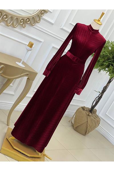 Piliseli Kemerli Kadife Elbise 3708 Bordo