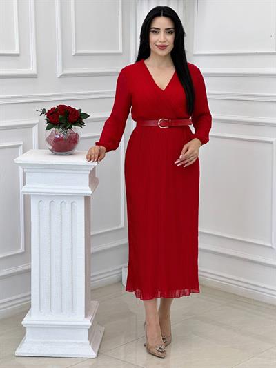 Piliseli Kruvaze Şifon Elbise 04 T24 Kırmızı