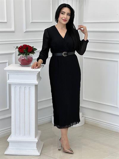Piliseli Kruvaze Şifon Elbise 04 T24 Siyah