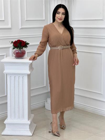 Piliseli Kruvaze Şifon Elbise 04 T24 Vizon