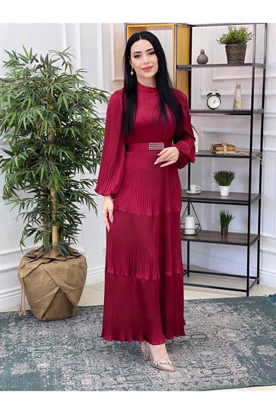 Piliseli Saten Elbise 3621 Bordo