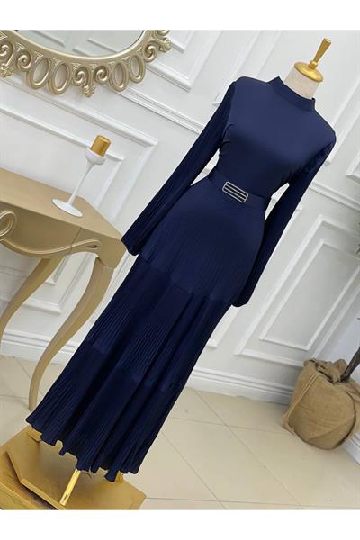 Piliseli Saten Elbise 3621 Lacivert