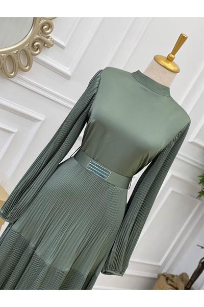 Piliseli Saten Elbise 3621 Yeşil