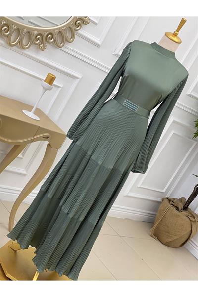 Piliseli Saten Elbise 3621 Yeşil
