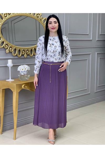 Piliseli Şifon Etek 5325 Leylak