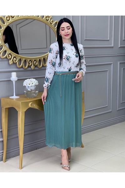 Piliseli Şifon Etek 5325 Mint yeşili