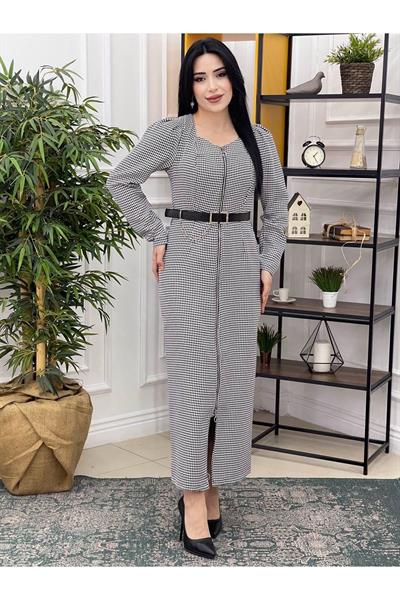 Piti kare Fermuarlı Elbise 3712 ekose