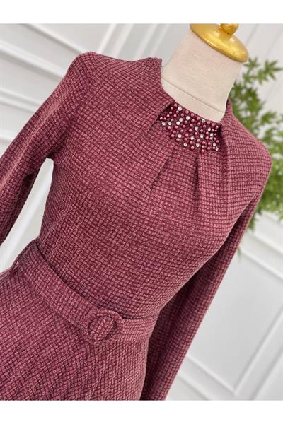Piti Kare Örme Elbise 3185 Bordo