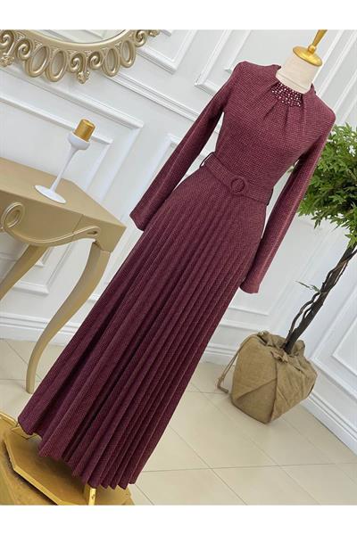 Piti Kare Örme Elbise 3185 Bordo