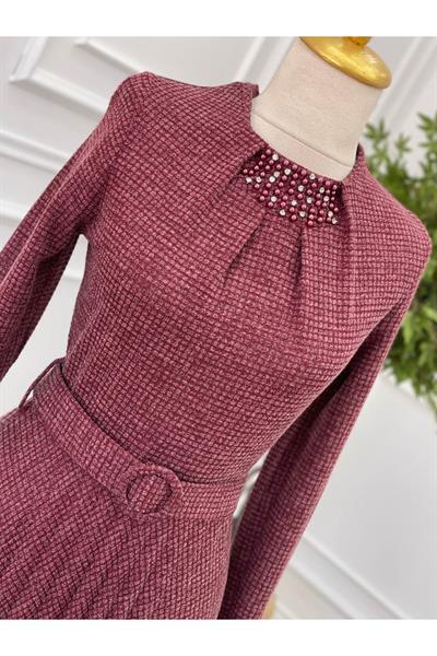 Piti Kare Örme Elbise 3185 Bordo