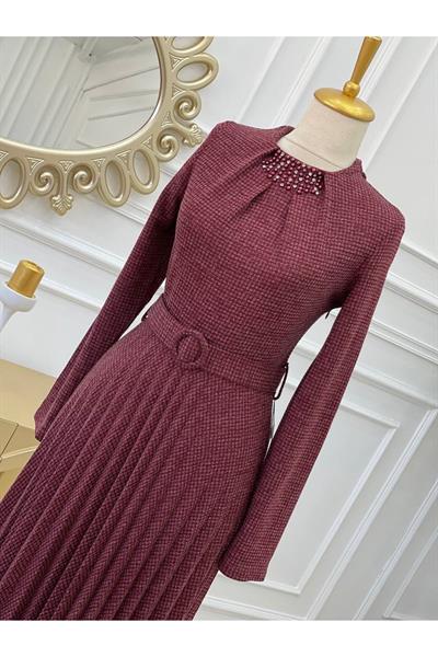 Piti Kare Örme Elbise 3185 Bordo