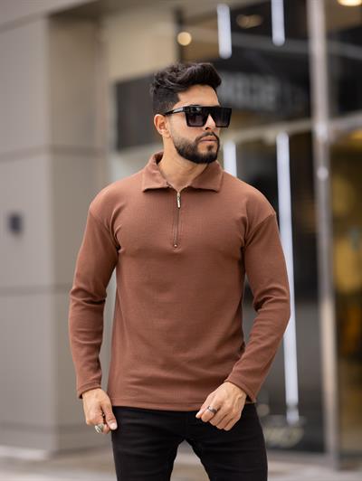 Polo Yaka Fermuarlı Fitilli Sweat T-24 1009 Kahverengi