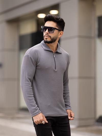 Polo Yaka Fermuarlı Fitilli Sweat T-24 1009 Antrasit