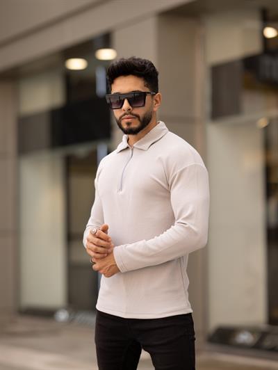 Polo Yaka Fermuarlı Fitilli Sweat T-24 1009 Gri