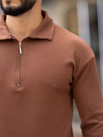 Polo Yaka Fermuarlı Fitilli Sweat T-24 1009 Kahverengi