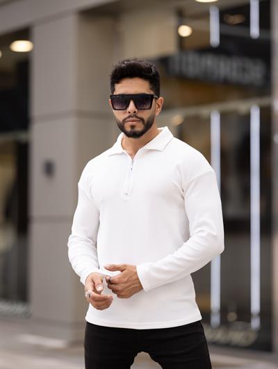 Polo Yaka Fermuarlı Fitilli Sweat T-24 1009 Beyaz