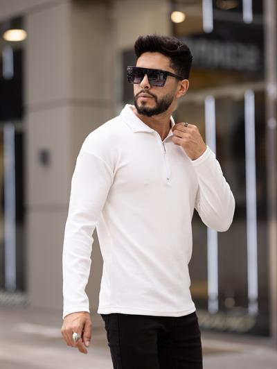 Polo Yaka Fermuarlı Fitilli Sweat T-24 1009 Beyaz