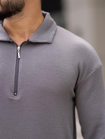 Polo Yaka Fermuarlı Fitilli Sweat T-24 1009 Antrasit