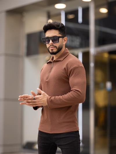 Polo Yaka Fermuarlı Fitilli Sweat T-24 1009 Kahverengi